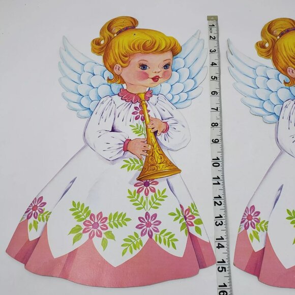Vtg (2) Diecut Cardboard Angel USA Christmas Angelic Girl Plays Trumpet Horn - Picture 5 of 7